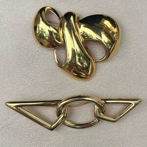 Lot Of 2 Vintage Monet Gold-tone Brooches Modernist & Geometric Link Set Signed